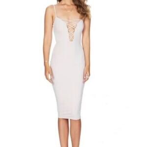 Nookie Tropicana Cross Front Shift Dress Nude Size M | Plunge Midi Bodycon